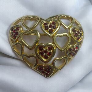 Swarovski Swan Signed Gold Plated Heart Shaped Brooch with Red Ruby Crystals